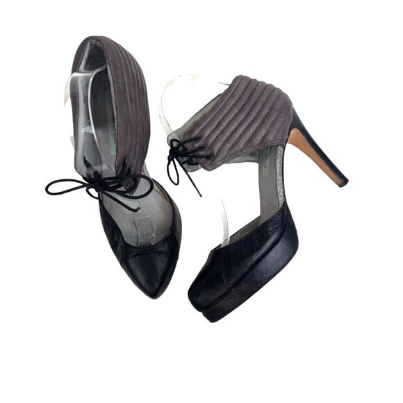 Geren Ford Tess Ankle Tie Heels Size 7.5 Ladies Black and Taupe Leather Pinup - Picture 1 of 9